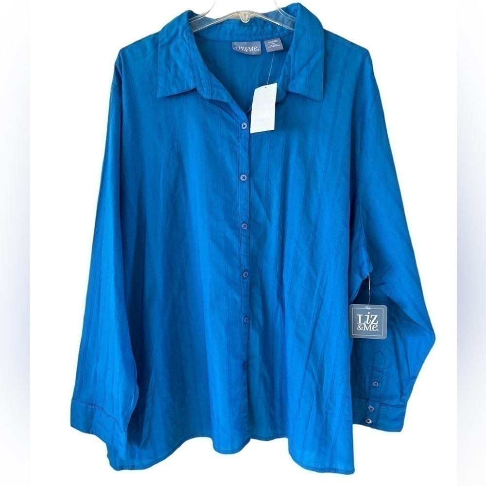 NWT Liz & Me button down blouse striped textured fabric Blue size 3X Long Sleeve